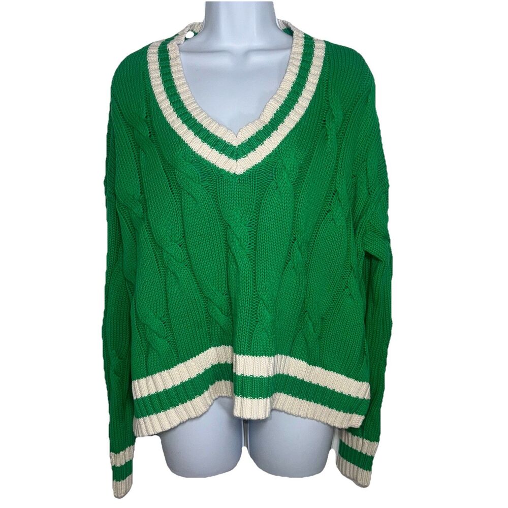 AE Aerie Cropped Cable  V-Neck Oversized Sweater Green White Cotton Women Medium